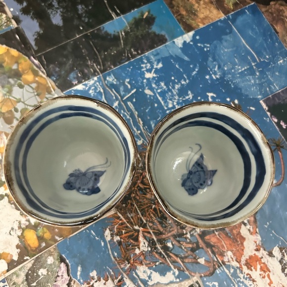 Vintage Japanese Yunomi Tea Cups Pair Stoneware Striped 3" Handmade Pottery - Picture 5 of 16